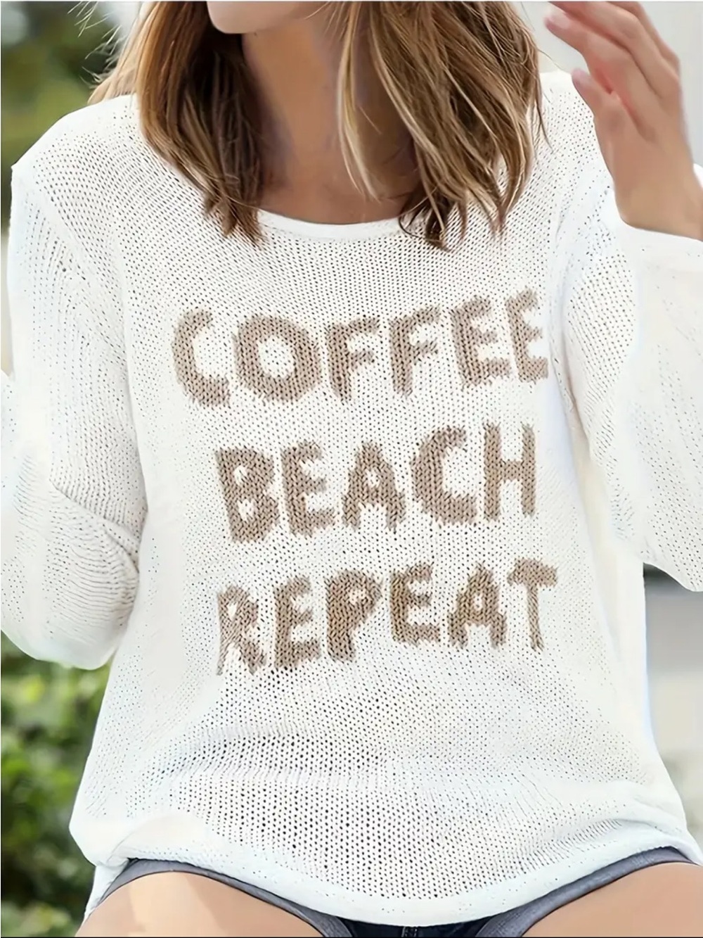 NWOT Women’s White Knit Sweater - 'Coffee Beach Repeat' Graphic, Multiple Sizes - Picture 5 of 6